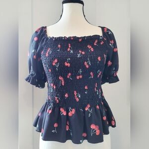 3/$30 Cherry Print Black Peplum Blouse